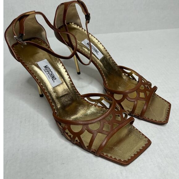Moschino White Label Designer Brown Luxury Ankle Strap Open Square Toe Heels 9.5 - Picture 1 of 10